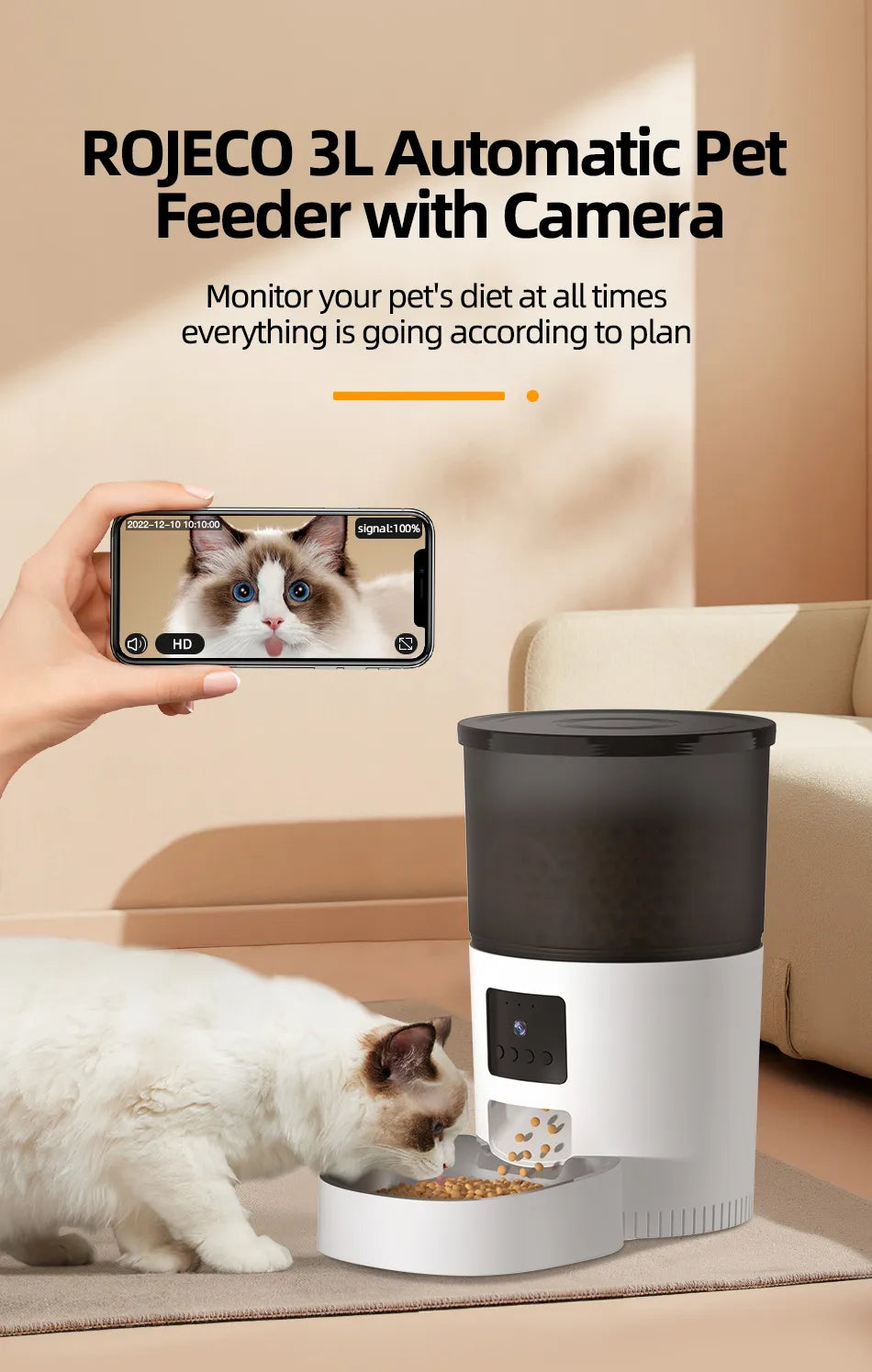 ROJECO Automatic Cat Feeder With Camera Video Cat Food Dispenser Pet Smart Voice Recorder Remote Control Auto Feeder For Cat Dog
